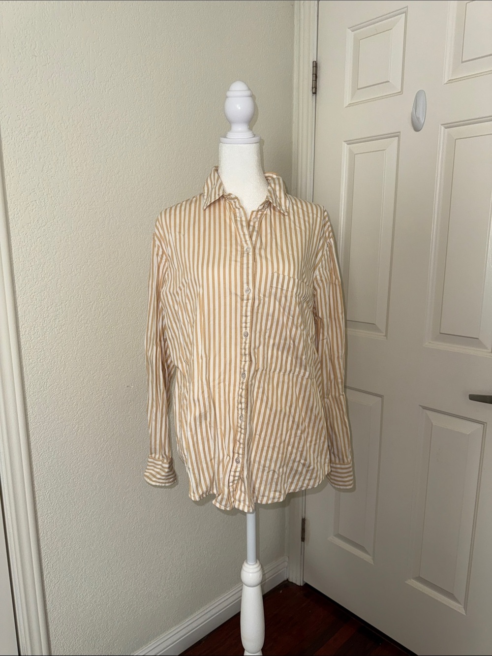 aerie Tan and White Striped Casual Button-Down Shirt